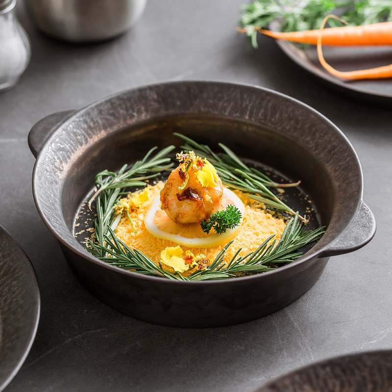 Vintage Exquisite Dish Plate with Double Handles, Stone-Patterned Shallow Plate for Home Use, Popular in Hotels, Japanese Restaurants, Western-Style Steak Tableware Wholesale