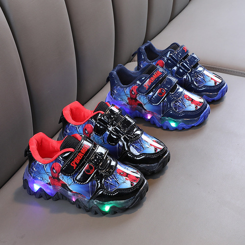 Spider-Man Light Up Shoes  Spring and Autumn Leather Luminous Boys' Sports Shoes Small and Medium-sized Boys' Shoes Foreign Trade Trend