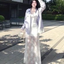 新款休闲气质长款宽松蕾丝连衣裙+蕾丝拼接长袖衬衫套装女两件套