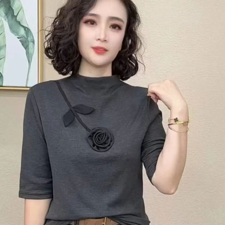 一件代发直播爆款半高领打底衫2025秋季新款中袖T恤女五分袖上衣|undefined
