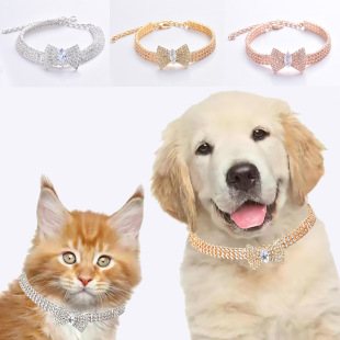Cross-Border Pet Accessories Rhinestone Necklace Pet Classy Necklace Beautiful Bow Necklace Cat Full Diamond Collar