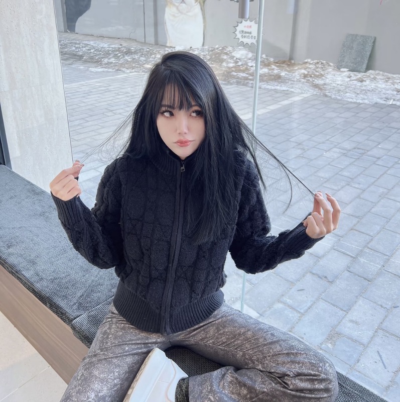 高定法式D经典菱形羊绒混纺拉链开衫针织外套女上衣|undefined