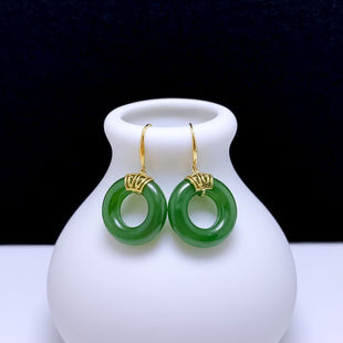 18k Gold Natural Hotan Jasper Ping An Buckle Earrings Ear Hanging Expensive High-end Thick Gold Inlaid Jade Jade Ear Hook