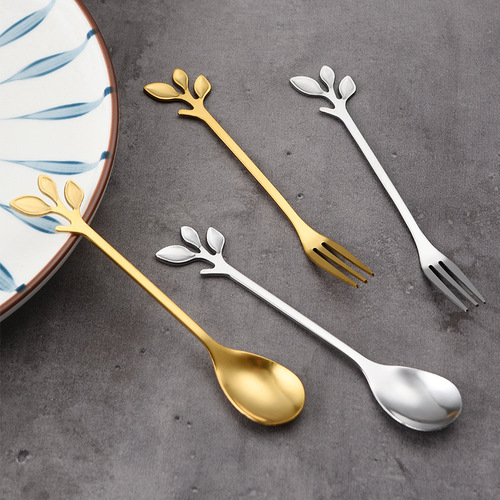 Stainless steel leaf golden coffee spoon stirring spoon titanium plated ice cream dessert spoon honey bird's nest mug spoon