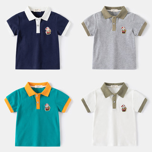 Children's Short-Sleeved T-Shirt 2024 Summer Korean Style Kidsren's Clothing Boys Color-Blocked Sleeve Short-Sleeved Polo Shirt Baby Cartoon Top