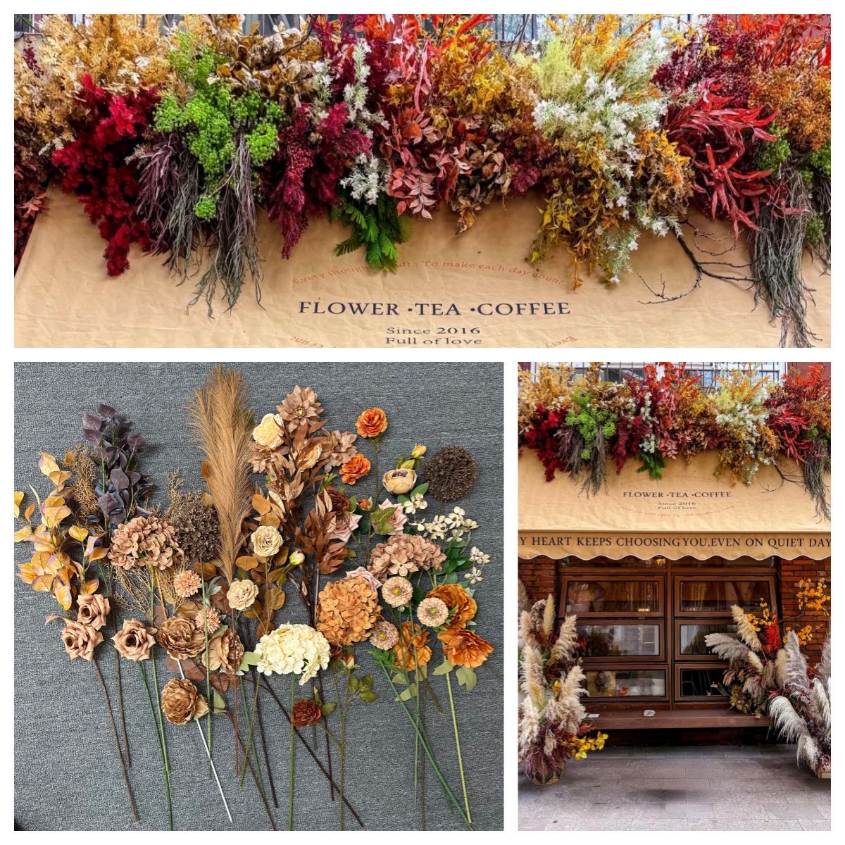 Coffee-Colored Floral Materials, Maillard Chocolate Brown Autumn Flower Arrangements, Plastic Leaf Materials for Ceiling Decoration, Misty Frost Artificial Flowers