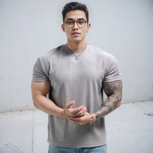 Summer New Plus Size T-shirt with Heavyweight High-End Texture, Ribbed Cuff for a Larger Look, Wrinkle-Resistant and Quick-Drying Fitness and Sports T-shirt