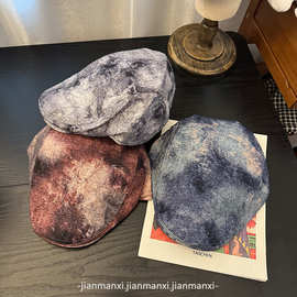 日系复古前进帽夏季女英伦反戴pu扎染褶皱鸭舌帽鸭嘴帽显脸小男士