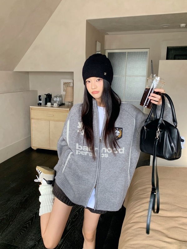 2025新款美式复古竖条纹立领毛衣外套女秋季宽松显瘦气质灰色上衣|undefined