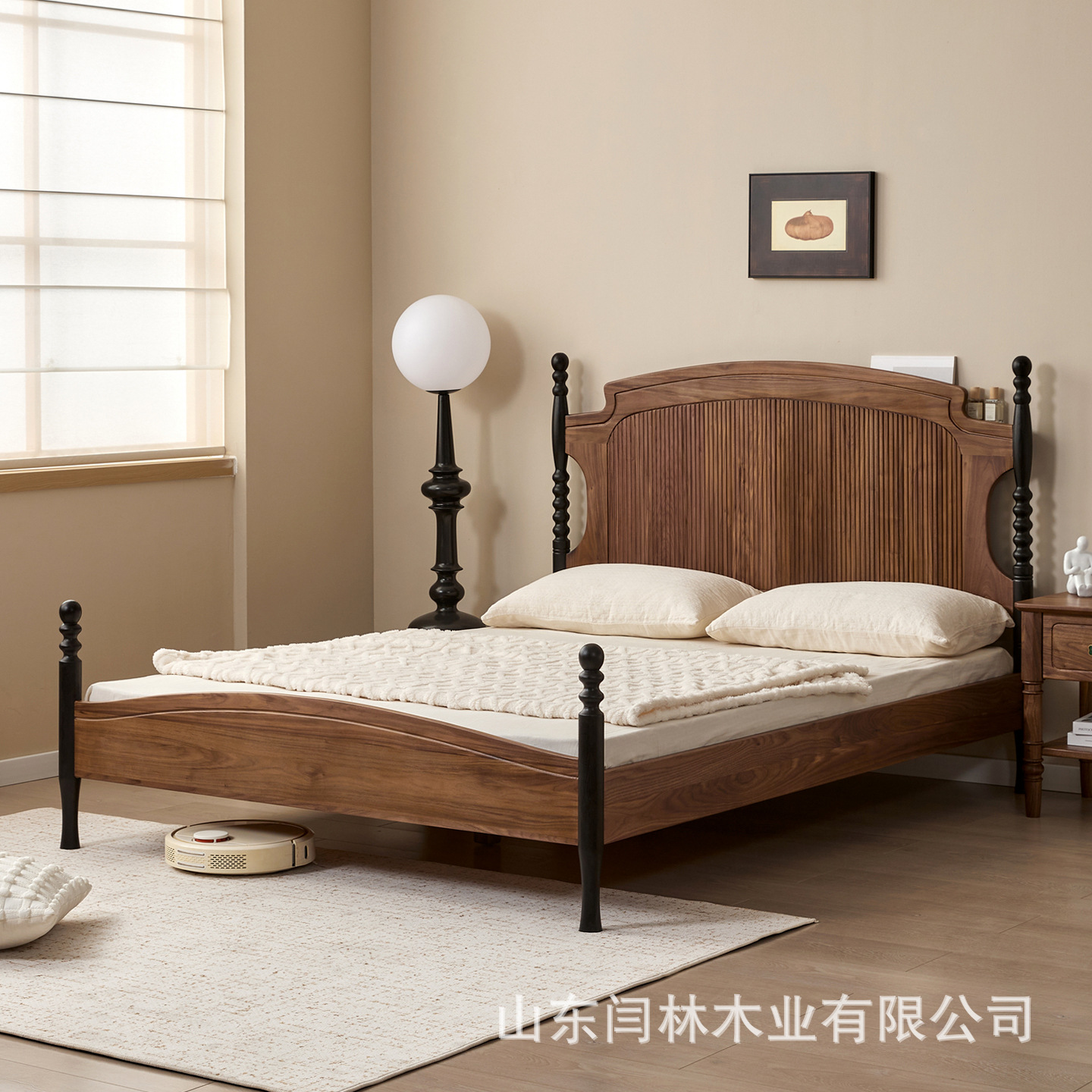 北美黑胡桃木全实木法式双人床现代简约樱桃木原木卧室复古家具