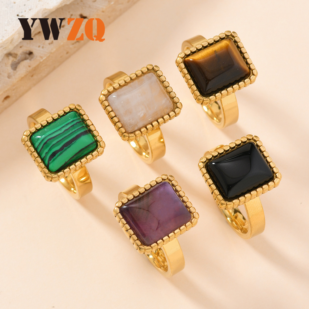 Europa y los Estados Unidos acero inoxidable transfronterizo joyería de fundición punto de onda rectangular anillo de piedra natural anillo de moda fabricantes de anillos de pareja