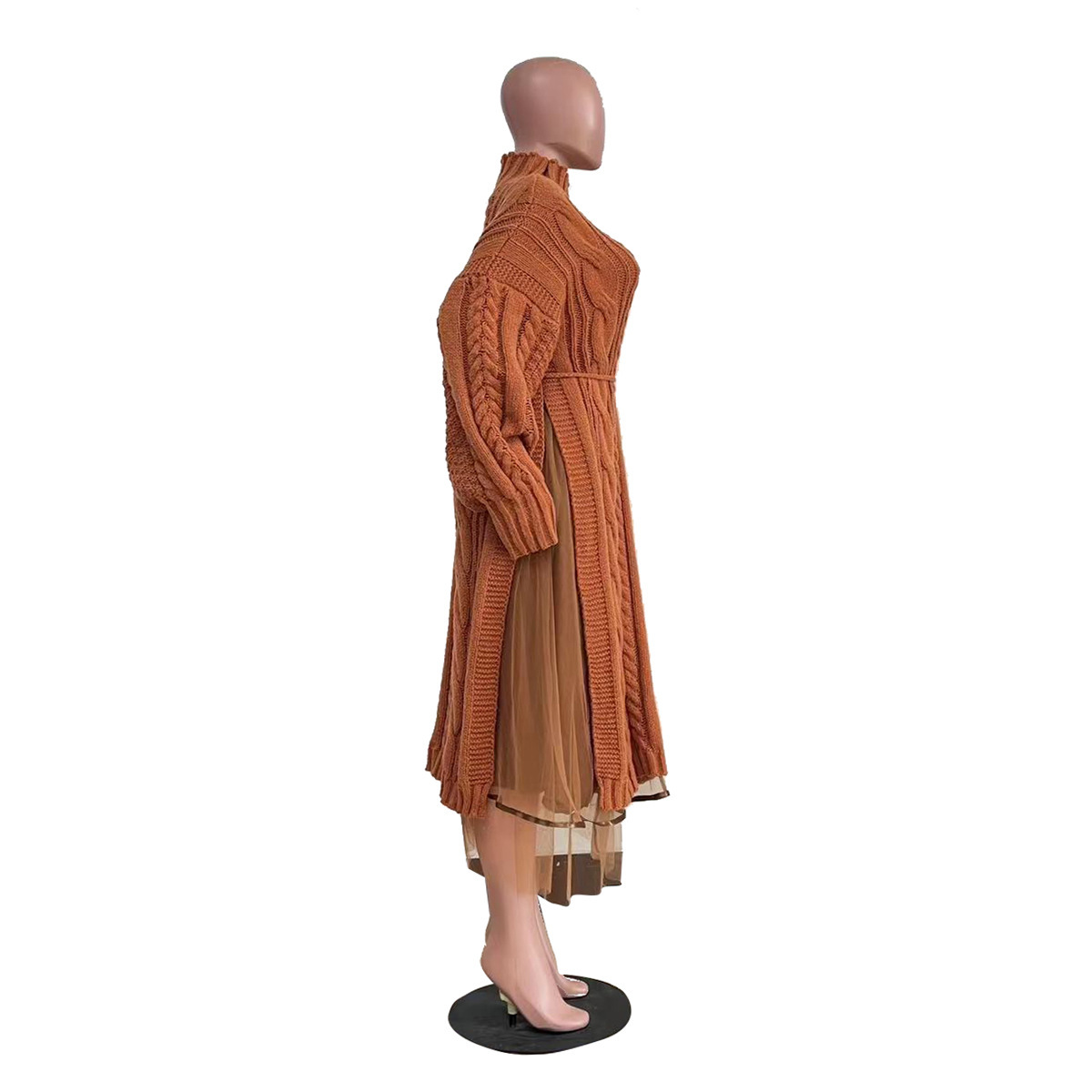 Women's Clothing women's fashion solid color lantern sleeve stand collar knitted skirt sweater skirt dress two piece suit_voghion.com