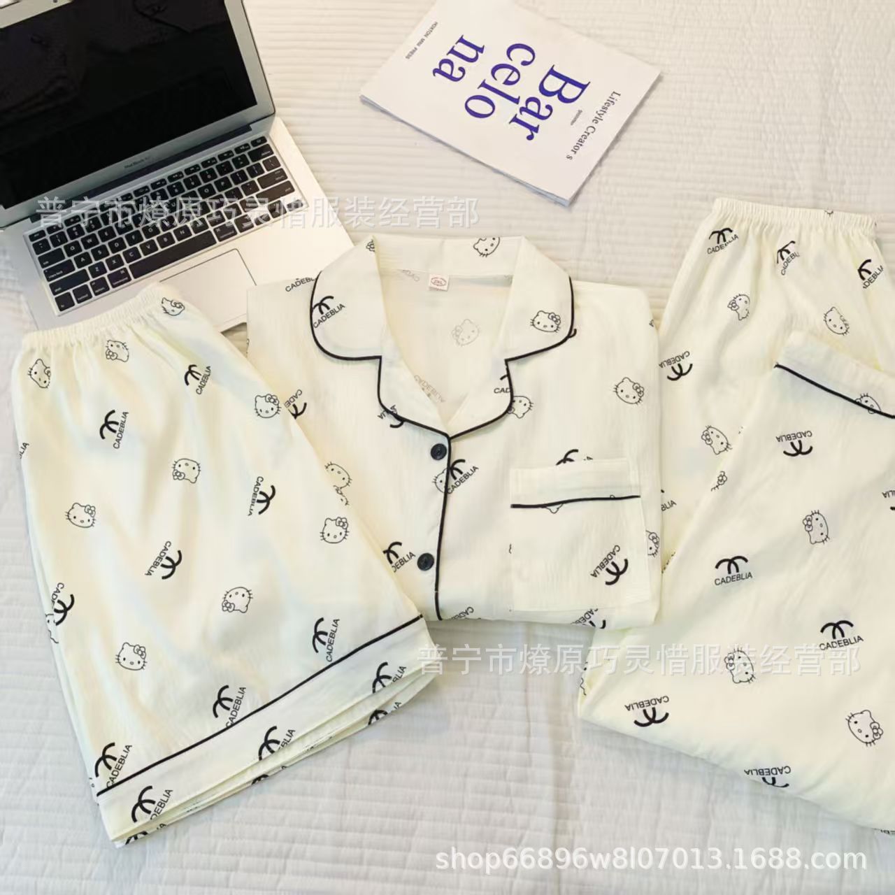 Hermosos pijamas de tela de rabu mujeres primavera y otoño verano nubes de algodón dulce mangas cortas pantalones cortos de tres piezas ropa para el hogar