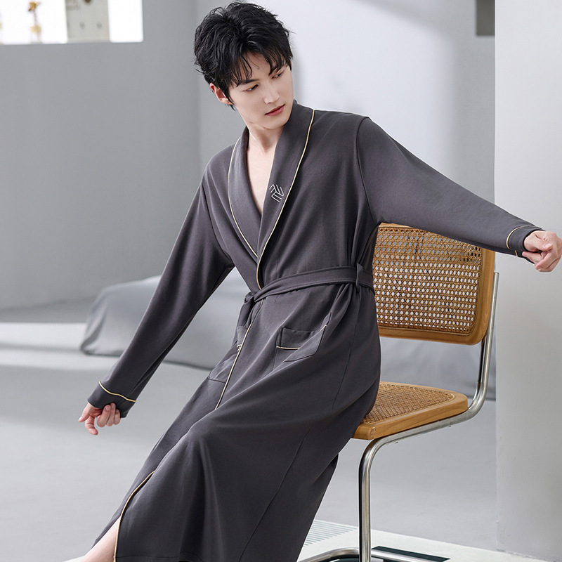 Yu Zhaolin Men's Nightgown Spring and Autumn Pure Cotton Long-Sleeved Pajamas Men's Plus Size Mid-Length Bathrobe Morning Robe Yu Zhaolin Men's Nightgown Spring and Autumn Pure Cotton Long-Sleeved Pajamas Men's Plus Size Mid-Length Bathrobe Morning Robe