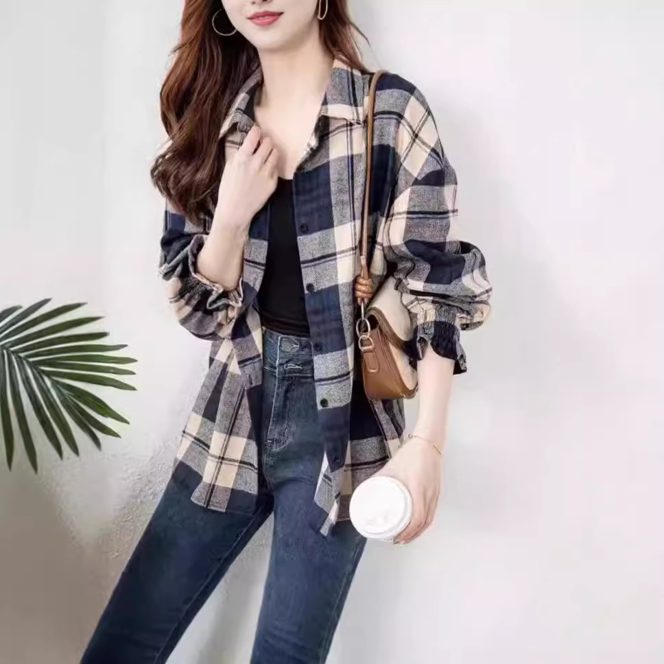 2024跨境亚马逊新款春秋女式衬衫长袖女士衬衣格子衬衫荷叶袖衬衫