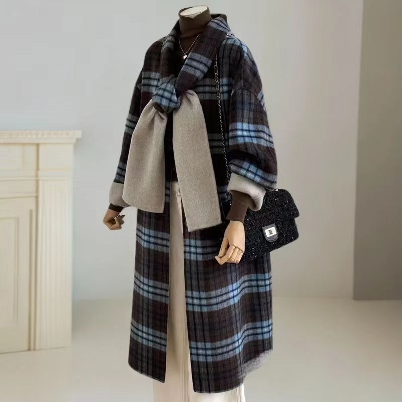 2025 Thunder's New Scarf Collar Plaid Double-Sided Wool Outwear Korean Style Long Thickeneded Cocoon-Shaped Woolen Outwear Trendy
