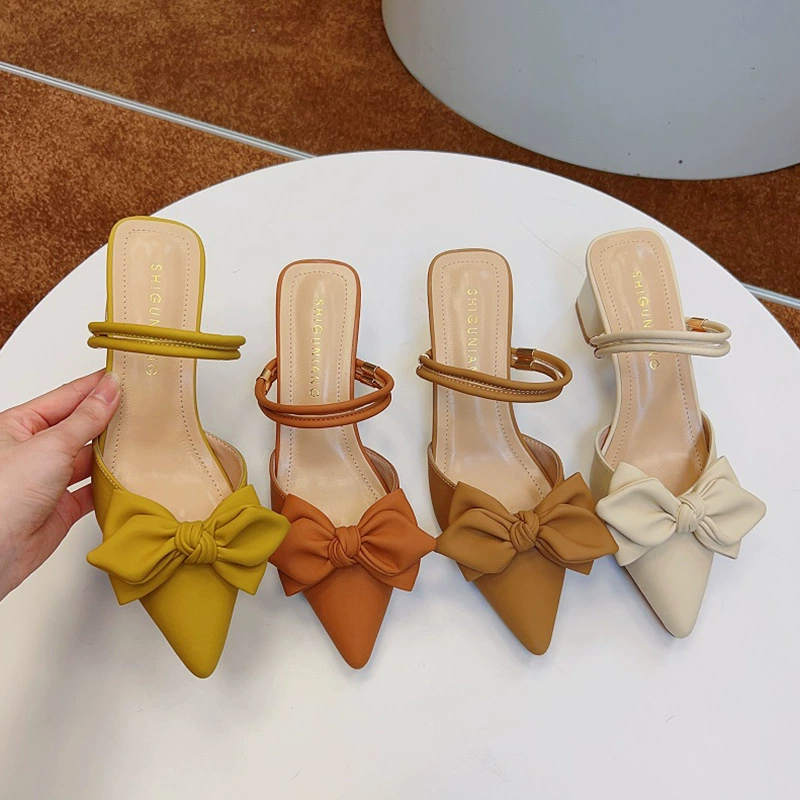 Женские туфли с бантом и закрытым носком, размер 33-34, полусапожки, летние босоножки на высоком каблуке 2025 года.