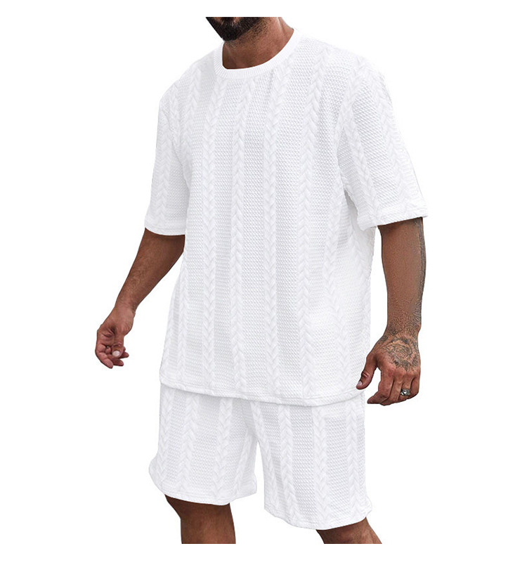 Men's Jacquard Knit Short Sleeve Tee And Shorts Set Solid Color Casual Summer Sport Outfit_viptrois.com