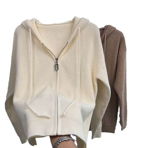 Winter and Autumn Zipper Coat French Cashmere Hooded Knit Top for Women