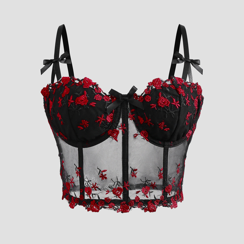 Cross-border Europe and the United States new steel ring corset perspective embroidery floral bow fishbone breasted small vest LY001 Cross-border Europe and the United States new steel ring corset perspective embroidery floral bow fishbone breasted small vest LY001