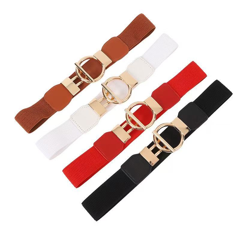 Factory direct selling medium width waist seal fashion gold round buckle simple hook elastic belt temperament skirt clothes