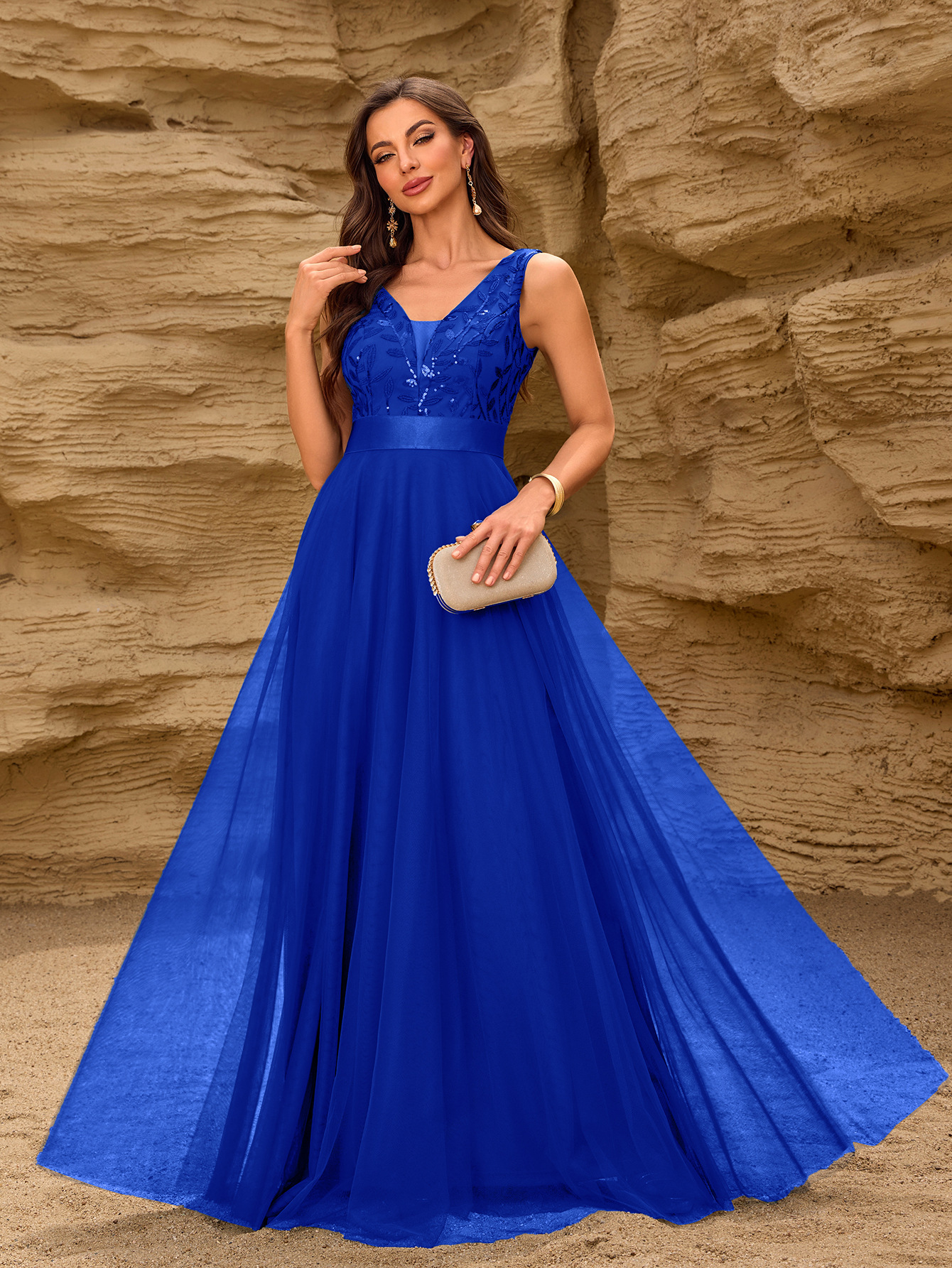 Vestido de noche sin mangas con cuello doble en V, cintura elástica, patchwork multicolor de 26 colores, bordado transparente, vestido de fiesta largo y elegante con corte en A.