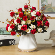 客廳假花 茶幾上的擺放花 仿真玫瑰擺設卧室高防真盆栽擺件品裝飾