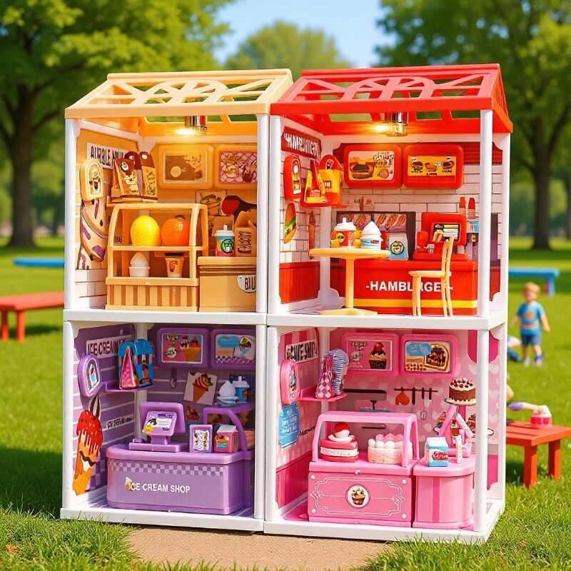 Children's Cute Miniature Houses with Lights, Street View Burger Shop, Milk Tea Shop, Cake Shop, Ice Cream Parlor, Hair Salon Decorations, Toys Children's Cute Miniature Houses with Lights, Street View Burger Shop, Milk Tea Shop, Cake Shop, Ice Cream Parlor, Hair Salon Decorations, Toys