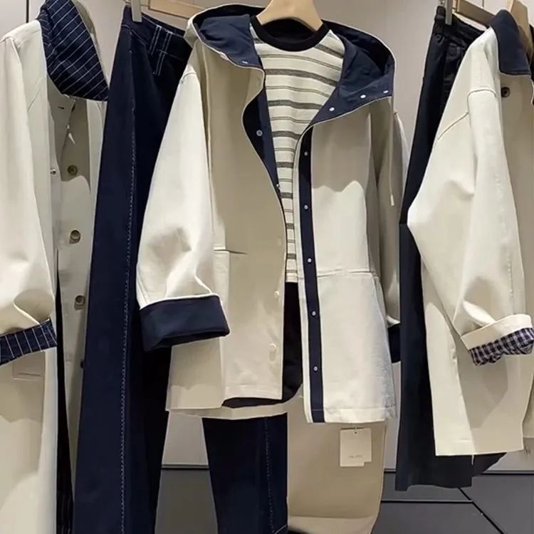 High-End Contrasting Color Windbreaker Jacket 2025 Loose Spring & Fall New Fashion Hooded Jacket Mid-Length Casual Off-White