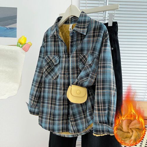 Autumn/Winter Long Sleeve Fleece Lined Thick Warm Plaid Casual New Women's Shirt Top Loose Mother's Dress Large Size Coat