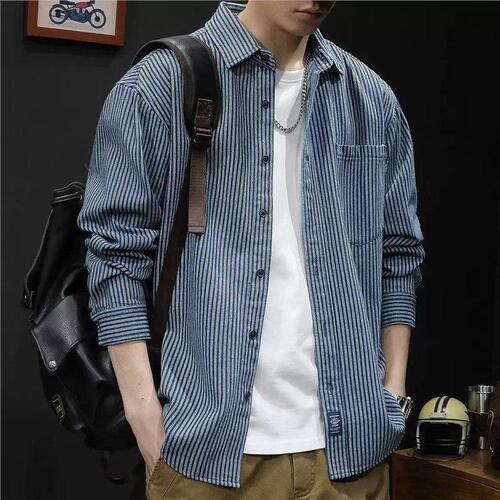 Champion brand water-washed striped denim long-sleeve shirt for men, autumn Japanese casual versatile blue shirt jacket