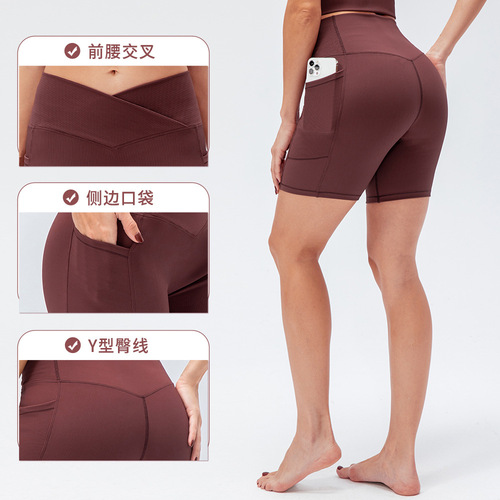 New women's yoga shorts cross waist tight fitness pants pocket high waist hip lifting running sports shorts 12433