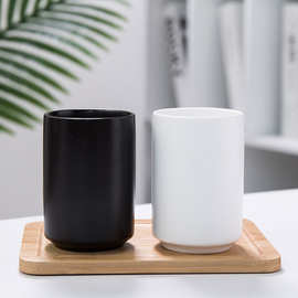 日式黑白陶瓷马克杯直筒杯无手柄酒店牙刷杯漱口杯带竹盘定制logo