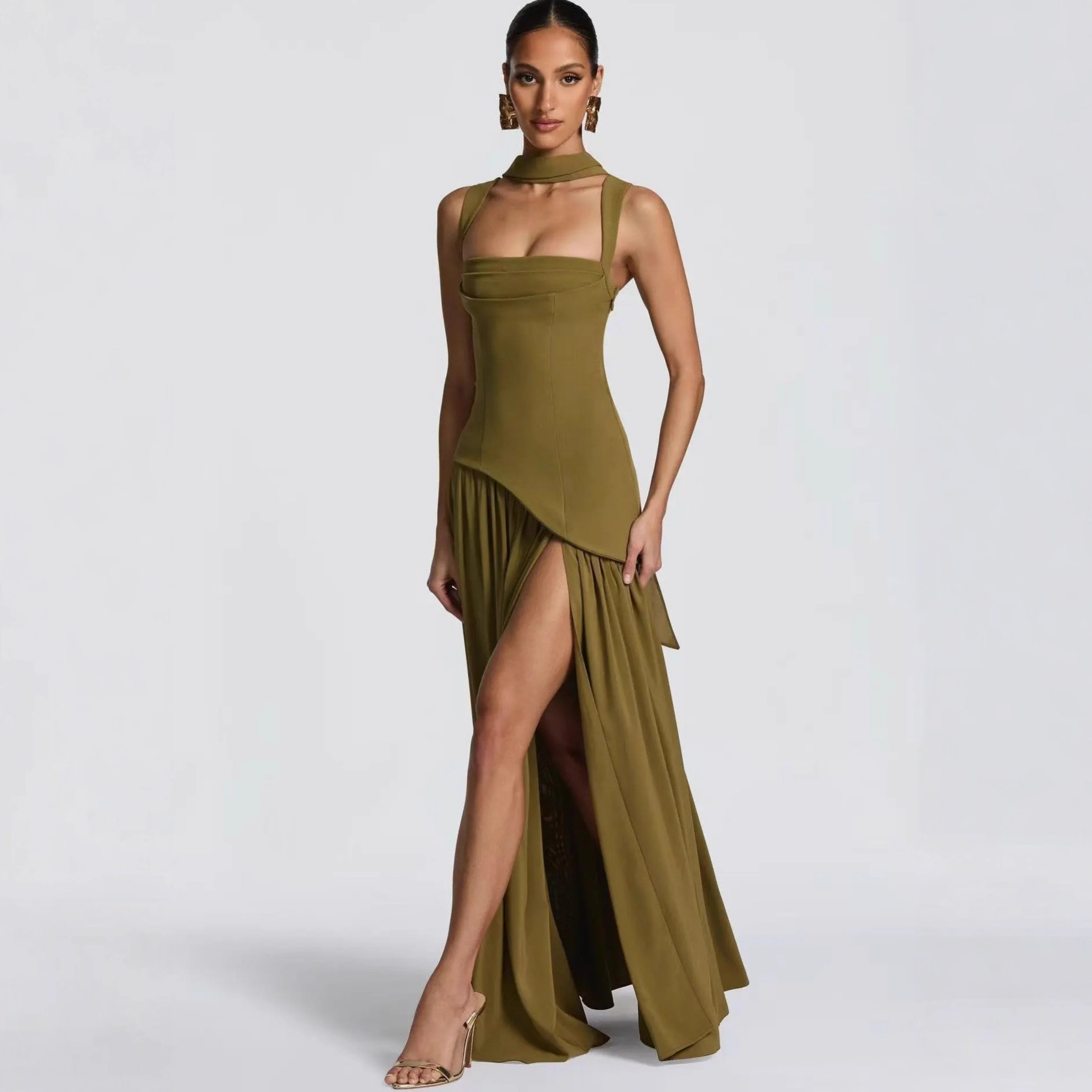 European American Style Scarf-strap Dress For Women, With A Stylish Sexy High Slit, Waist-cinching, Pleated, And Long_ecoleips.com