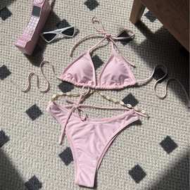 2025欧美素色新款性感贝壳链条泳装泳衣比基尼bikini跨境 外贸