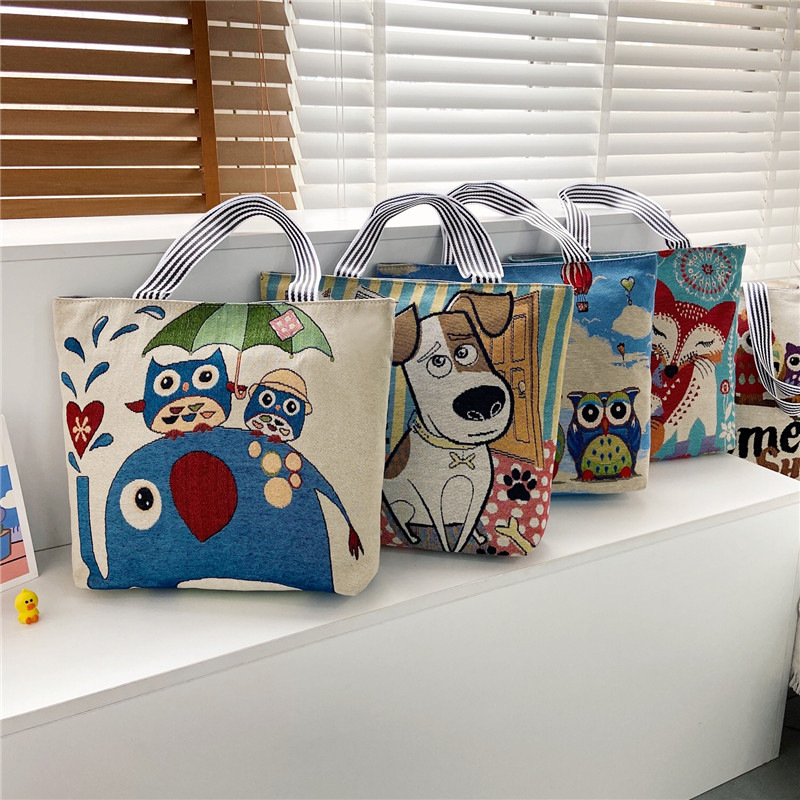 卡通刺绣时尚单肩女包新马泰托特包新款学生单肩手提帆布袋大容量