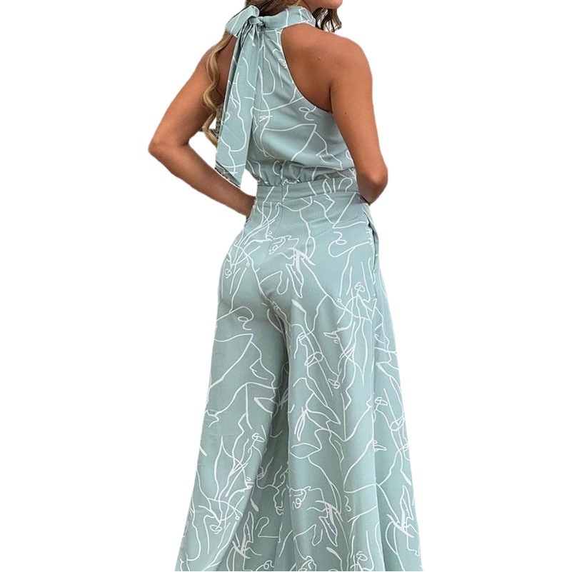 2022 verano europeo y americano ropa de mujer Amazon elegante cintura con cordones sin mangas Halter pantalones impreso mono