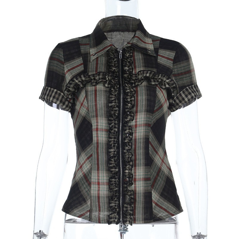 XS2514 ダークチェック柄シャツ女性のための 2025 新しいホットガールスタイルジッパーデザインハイストリート戦闘ダメージ加工トップ|undefined