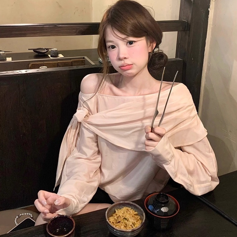 适美2025秋季甜辣妹风一字领飘带长袖衬衫女别致显瘦减龄chic上衣|undefined