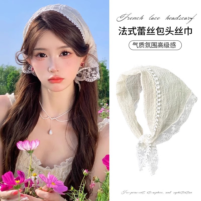 Pañuelo de encaje de viento pastoral para mujeres 2025 nueva primavera y verano pañuelo triangular francés de alta calidad pañuelo de seda correa de cabello tocado