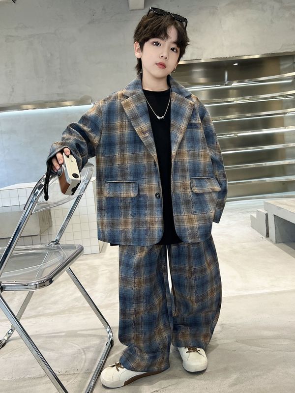 秋季男童西装套装新款童装儿童男孩西装外套裤子两件套格子帅气潮|undefined