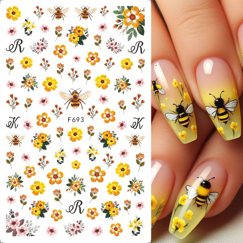Cross-border new nail art stickers ins summer yellow small flowers small bees sunflower adhesive nail decals wholesale