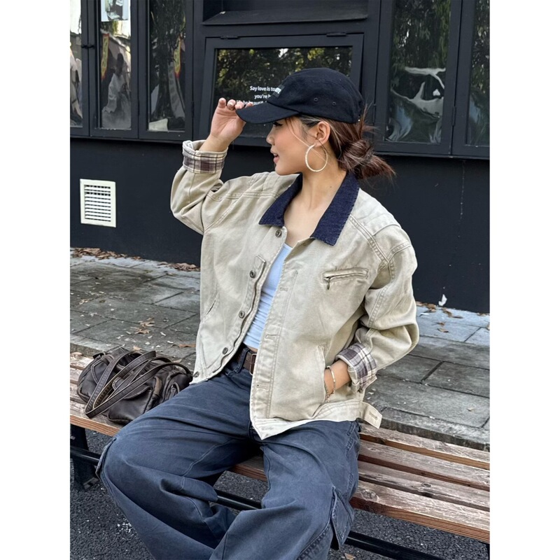 American retro washed patchwork workwear jacket for women, autumn and winter, with a turn-down collar, high street niche casual top, trendy