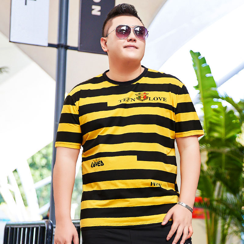 Trendy Brand Super Large Size Men's Summer Short-sleeved Crewneck T-shirt Fat Guy Plus Large Size Loose Striped T-shirt Top 195 Trendy Brand Super Large Size Men's Summer Short-sleeved Crewneck T-shirt Fat Guy Plus Large Size Loose Striped T-shirt Top 195