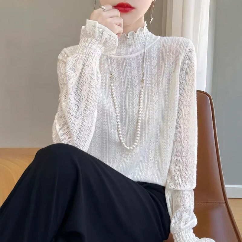 2025 Early Autumn New Fine-Spun Wool Half-High Lace Collar Korean Design Women's Age-Reducing Base Layer One-Piece Drop Shipping