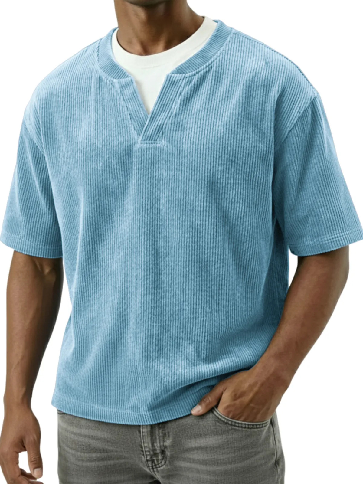 T-shirt uomo casual in velluto a coste con doppio collo_voghion.com