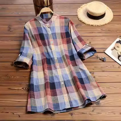 Трансграничный большой размер женская льняная рубашка средней и длинной прикладом лацкана свободная клетчатая куртка женская