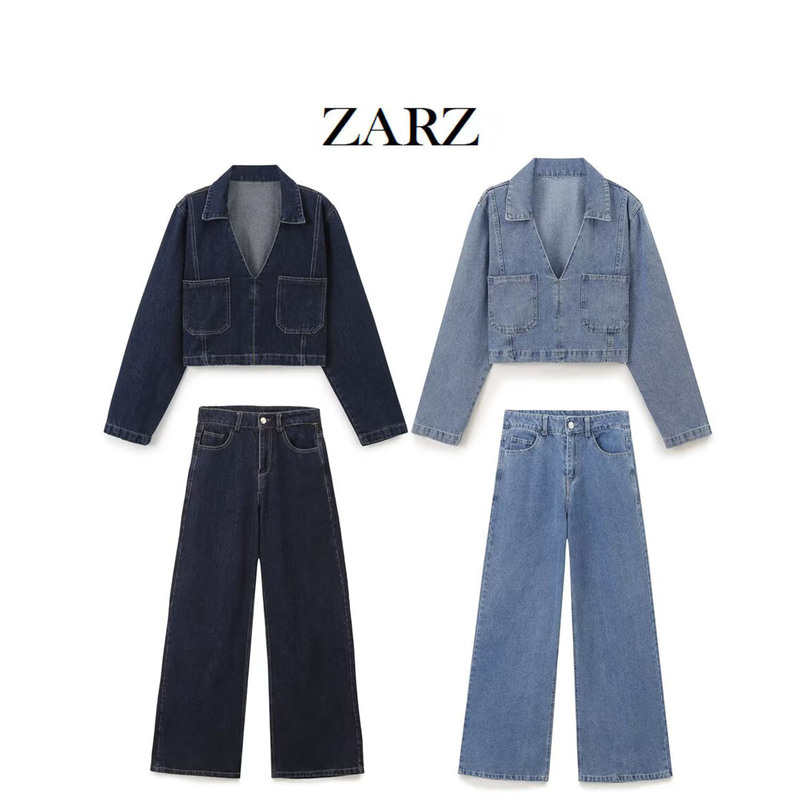 Zarz Homemade European and American Style New Women's Clothing Classic Short Denim Shirt High Waist Wide Leg Jeans