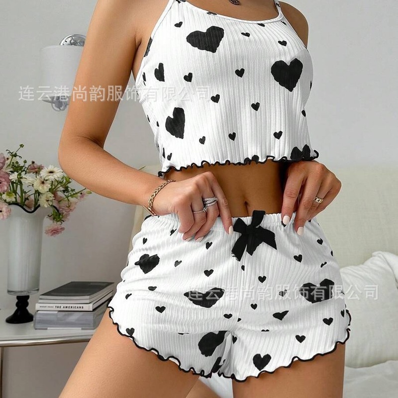 跨境Sleepwear家居服爱心印花休闲坑条女式睡衣吊带短裤套装轻盈|undefined
