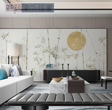 新中式简约淡雅竹子圆月客厅沙发背景墙壁纸卧室书房墙纸茶室壁画